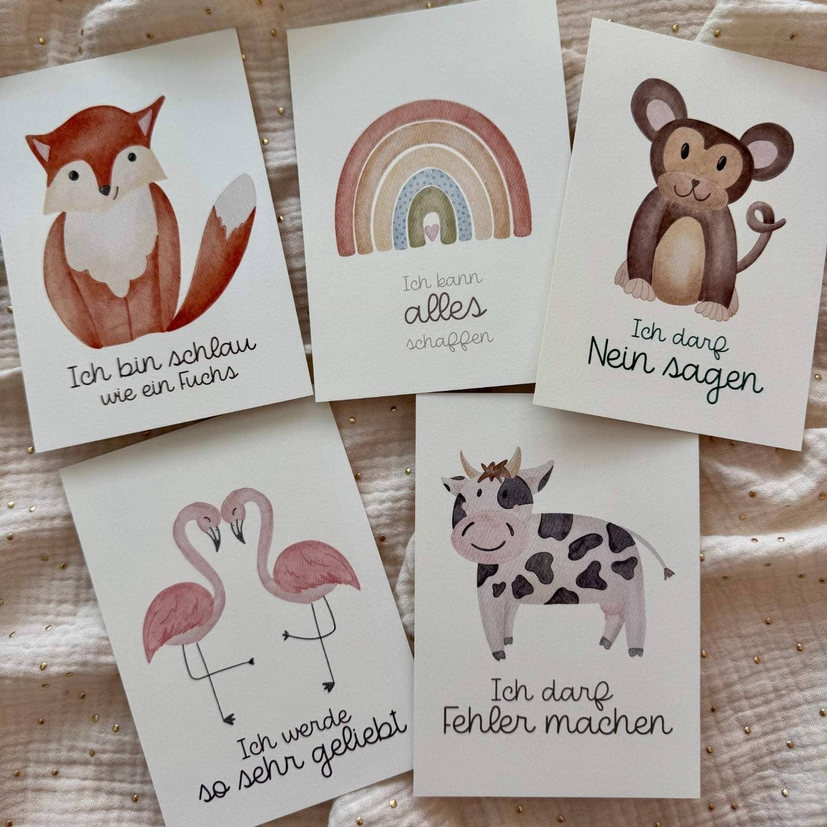 Affirmationskarten für Kinder von doerrtoparadise A6, Karten mit Fuchs, Regenbogen, Affe, Flamingos und Kuh