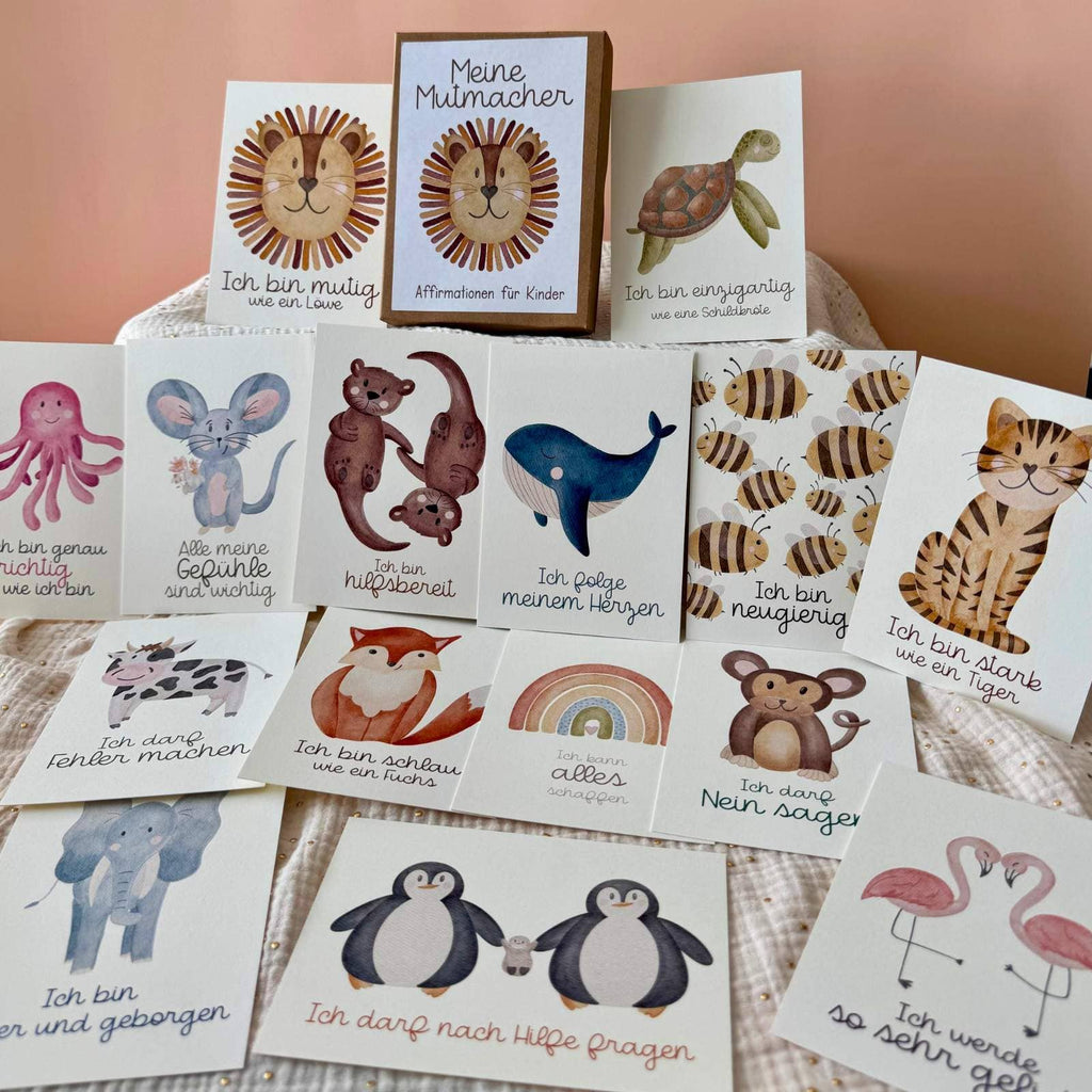 Affirmationskarten für Kinder von doerrtoparadise A6, Box „Meine Mutmacher“ mit Löwe und alle 15 Karten mit Aquarelltieren