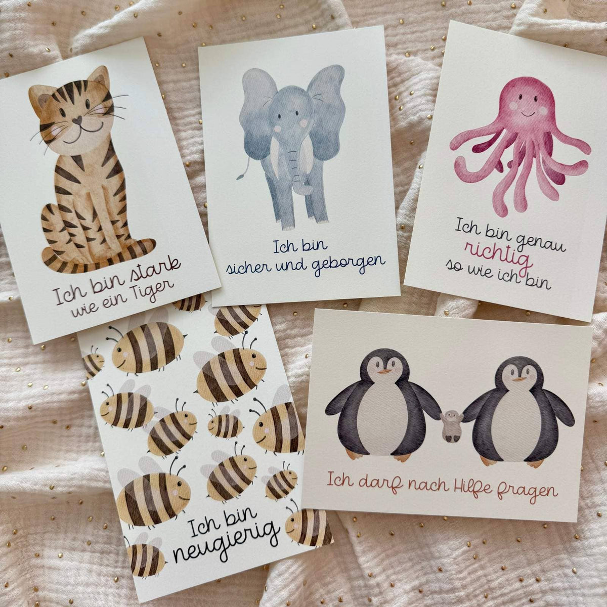 Affirmationskarten für Kinder von doerrtoparadise A6, Karten mit Tiger, Elefant, Krake, Bienen und Pinguinen