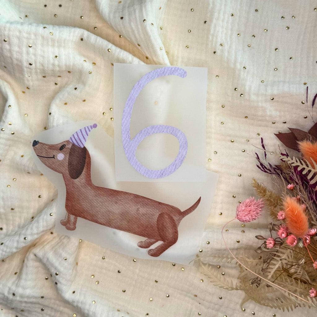 Bügelbild Geburtstag Dackel von doerrtoparadise mit Beispielzahl 6, Zahl nicht enthalten