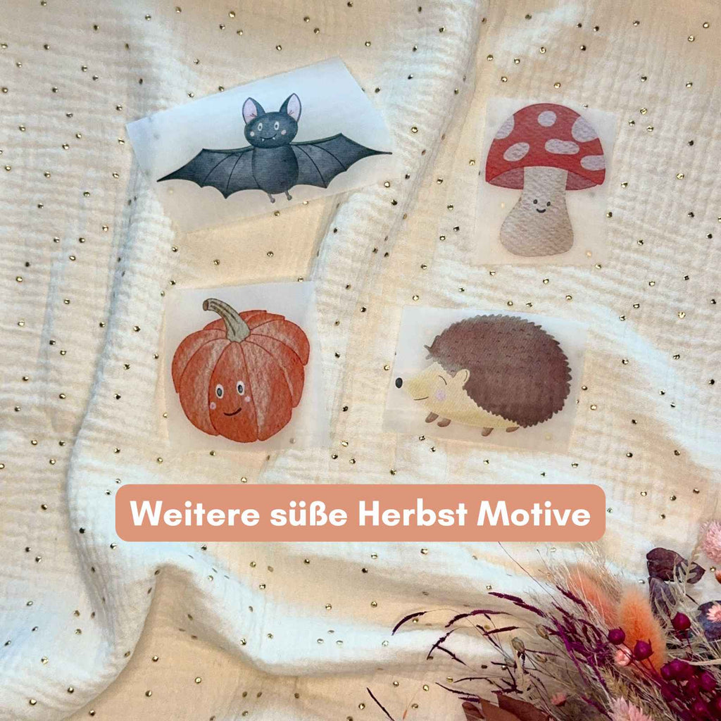 Herbstmotive von doerrtoparadise als Bügelbild, Fledermaus, Fliegenpilz, Kürbis und Igel