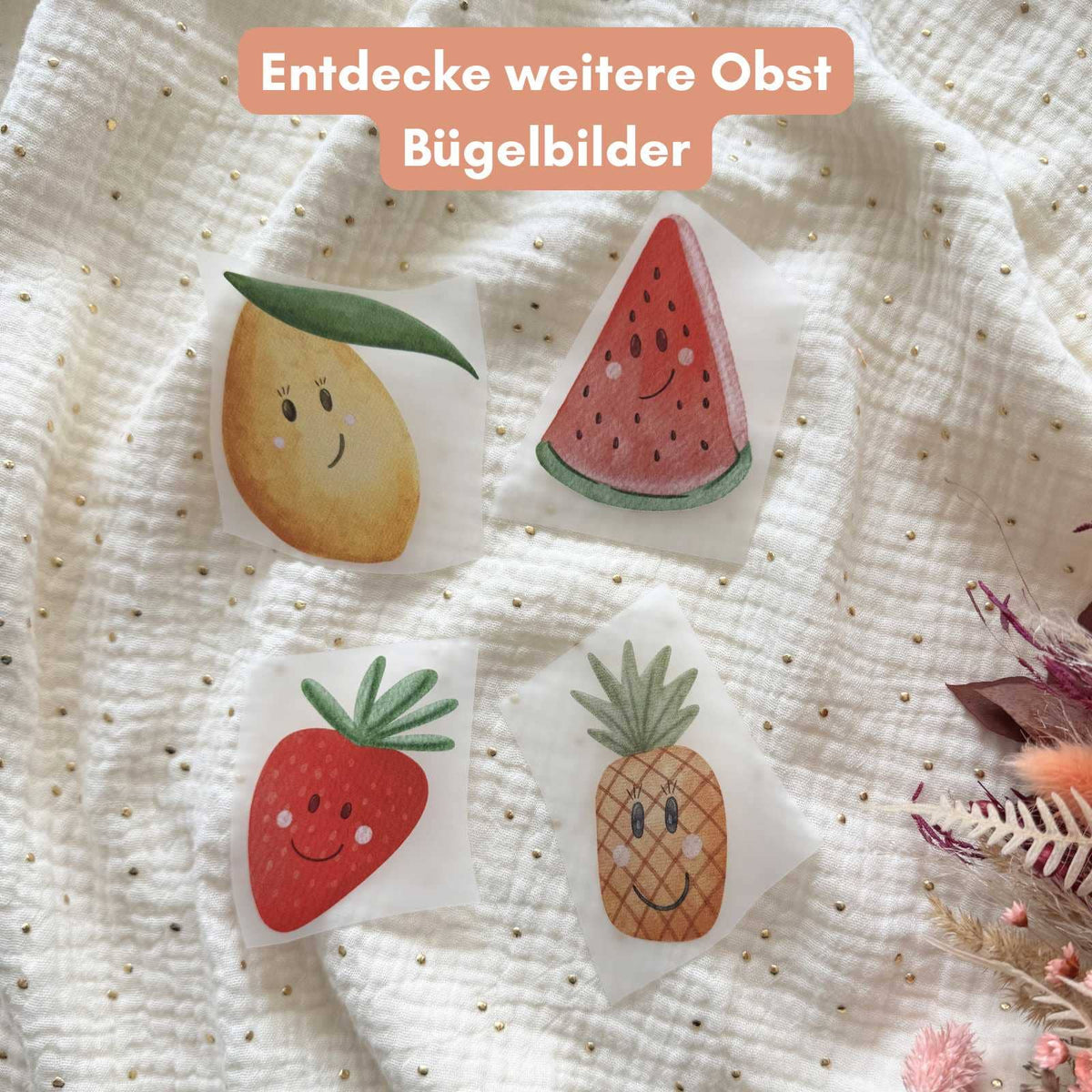 Obstmotive von doerrtoparadise als Bügelbild, Zitrone, Melone, Erdbeere und Ananas