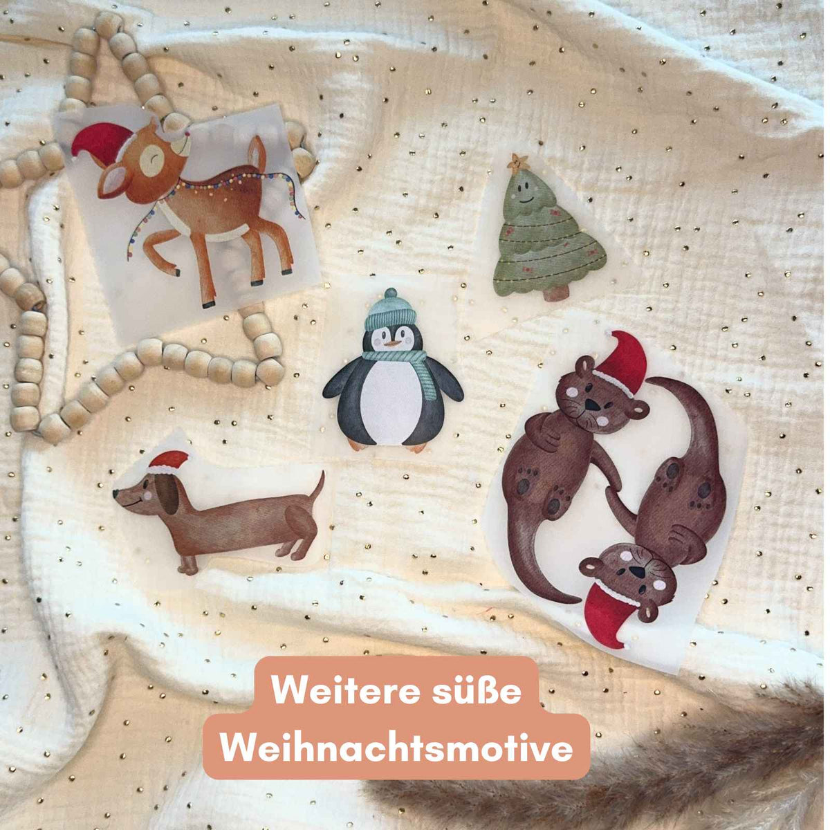 Weihnachtsmotive von doerrtoparadise als Bügelbild, Reh, Tanne, Pinguin, Otter und Dackel mit Weihnachtsmütze