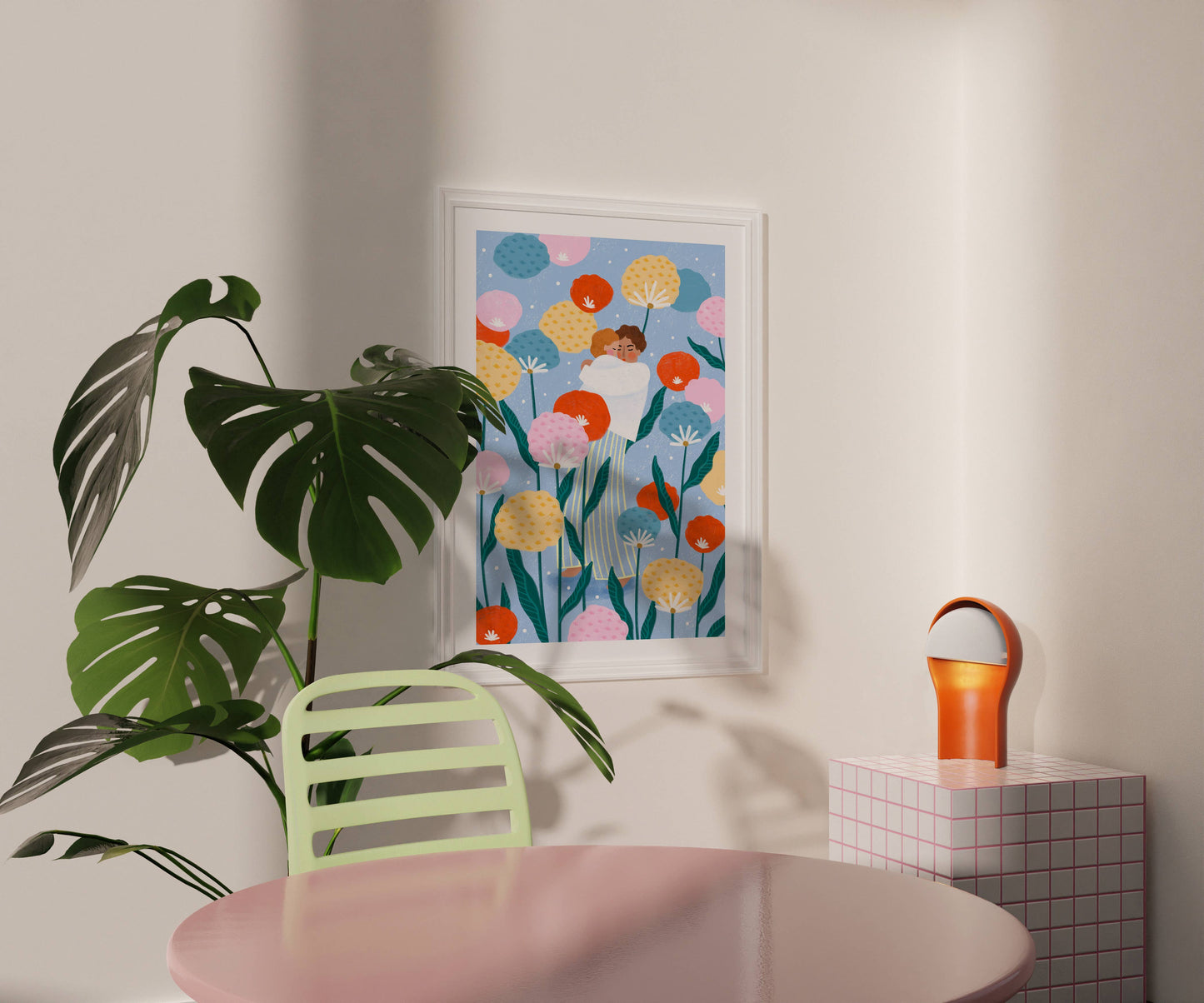 Mama und Baby im Blumengarten - Kunstdruck A3