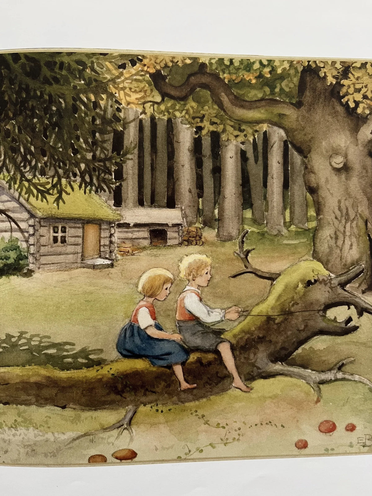 Drachenflug ins Märchenland von Elsa Beskow, Innenseite mit Kaj und Kajsa auf dem bemoosten Baumstamm vor dem Haus im Wald, Foto