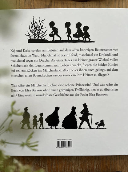 Drachenflug ins Märchenland von Elsa Beskow, Rückseite mit Klappentext und Scherenschnitten, Foto