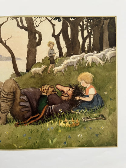 Drachenflug ins Märchenland von Elsa Beskow, Innenseite mit schlafendem Trollkönig auf der Wiese und Schafherde, Foto