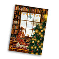 Postkarte Kuscheln am Weihnachtsbaum von Esther Bennink A6: eine junge Frau sitzt mit Tee und Keksen zwischen Büchern unter dem Weihnachtsbaum am Fenster