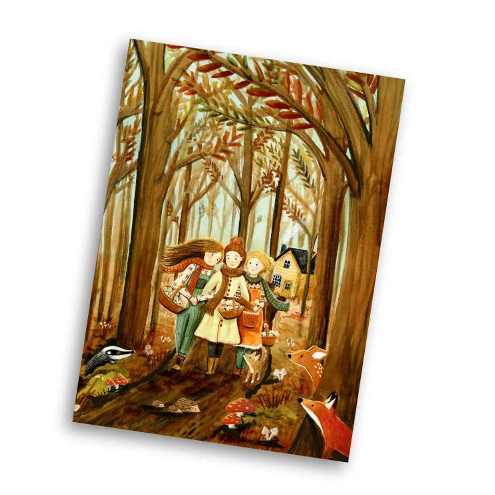 Postkarte Pilz-Zeit von Esther Bennink A6: Kinder sammeln im goldenen Herbstwald Pilze in ihre Körbe