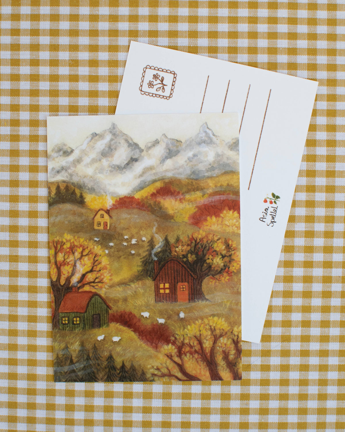 Postkarte Herbst in den Bergen von Asia Spettel A6, Vorder- und Rückseite