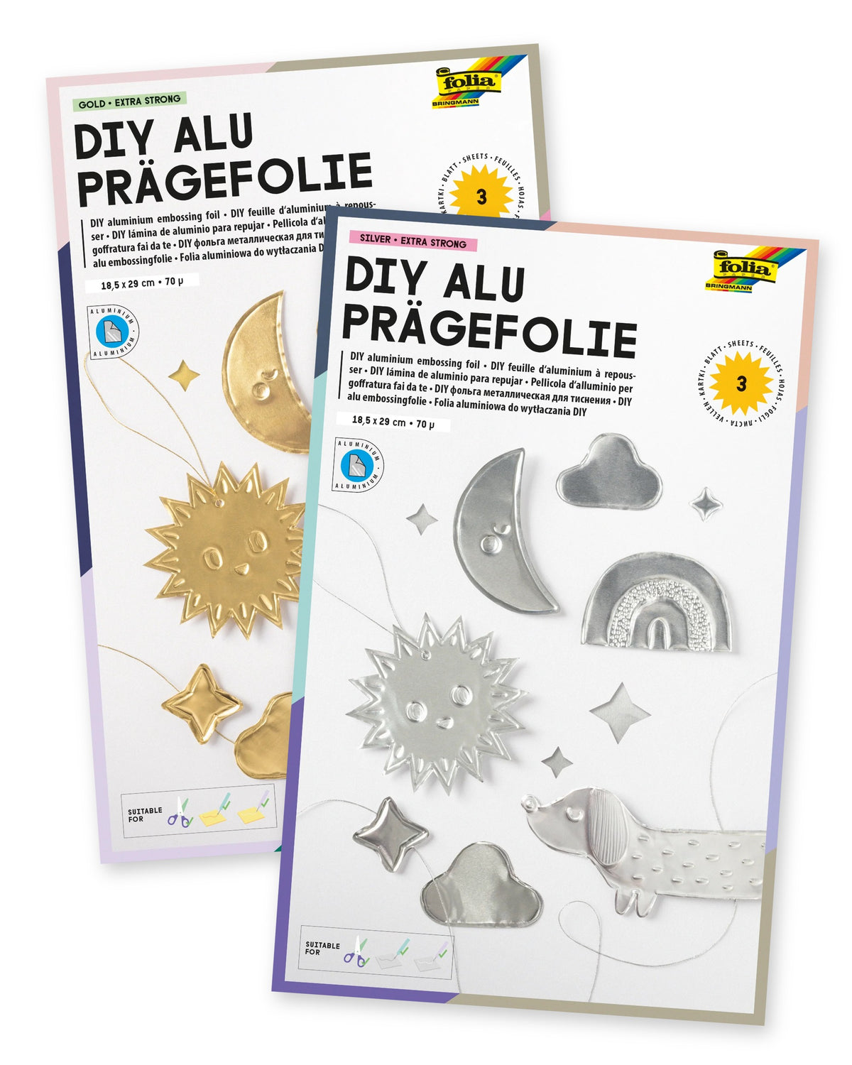 folia Alu-Prägefolie in Gold und Silber, zwei Mappen mit je 3 Blatt nebeneinander