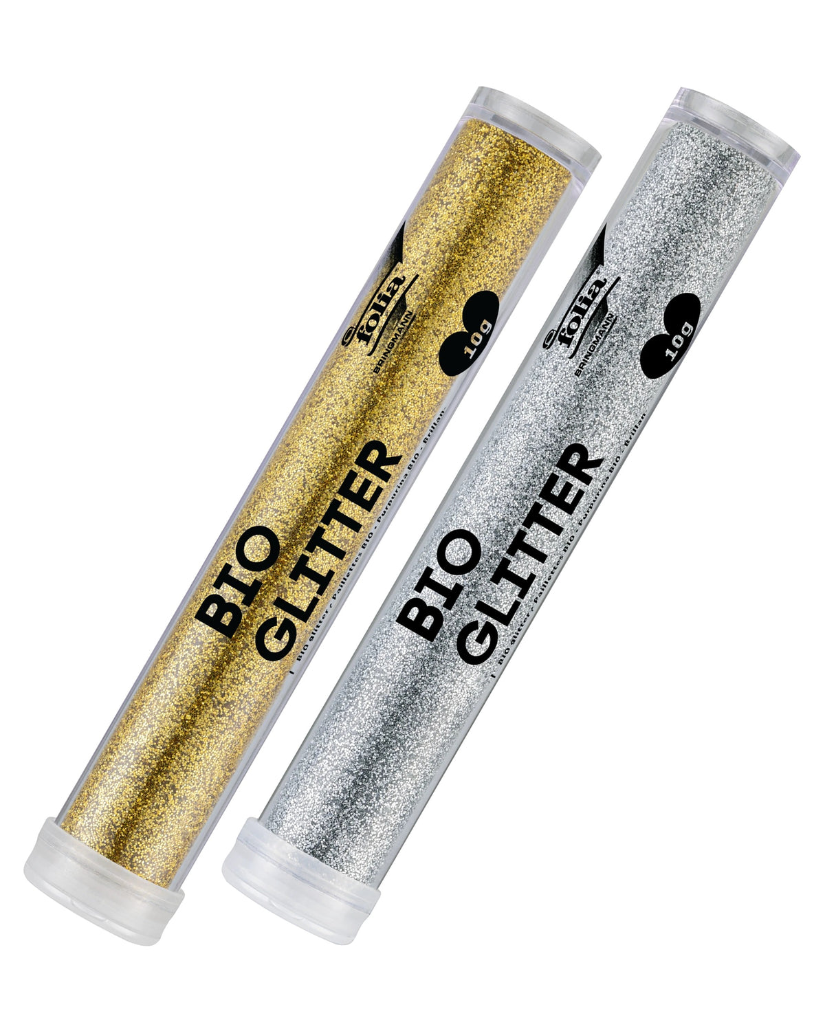 folia Bio-Glitter in Gold und Silber, zwei 10-g-Röhrchen nebeneinander