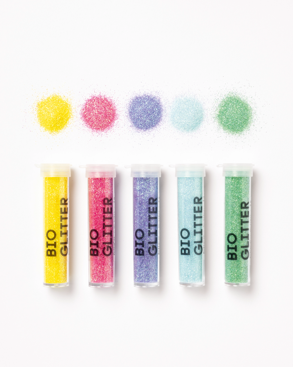 Fünf Dosen Bio-Glitter in Pastellfarben von folia