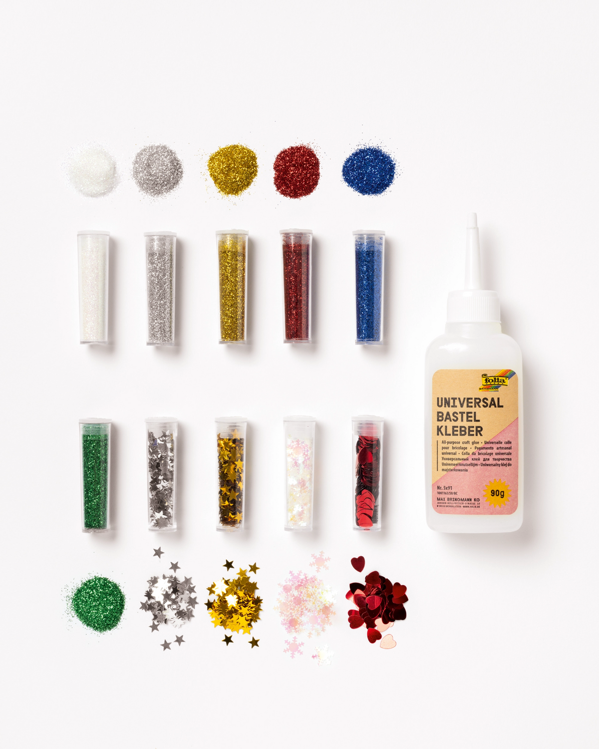Inhalt des folia Glitter-Sets, sechs Dosen Glitter, vier Dosen Pailletten und Deko-Kleber