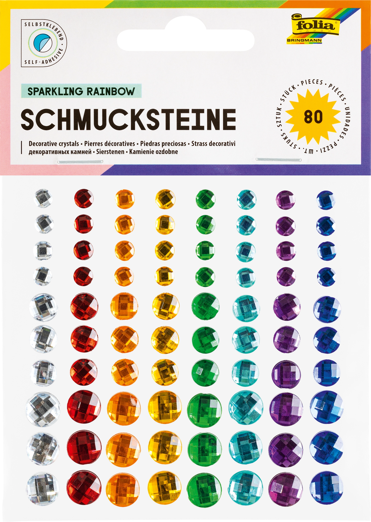 folia Schmucksteine Regenbogen selbstklebend, 80 Stück in drei Größen auf dem Bogen