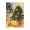 Postkarte Weihnachtsabend von Franziska Kopp A6, Kinder stehen staunend vor dem geschmückten Tannenbaum