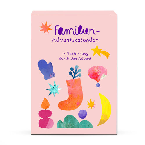 Adventskalender-Karten Familienadventskalender von Frau Ottilie, rosa Schachtel mit bunten Weihnachtsformen