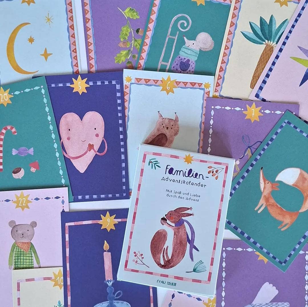 Familienadventskalender 2. Edition von Frau Ottilie, ausgebreitete Karten mit Tieren, Herz und Zweigen