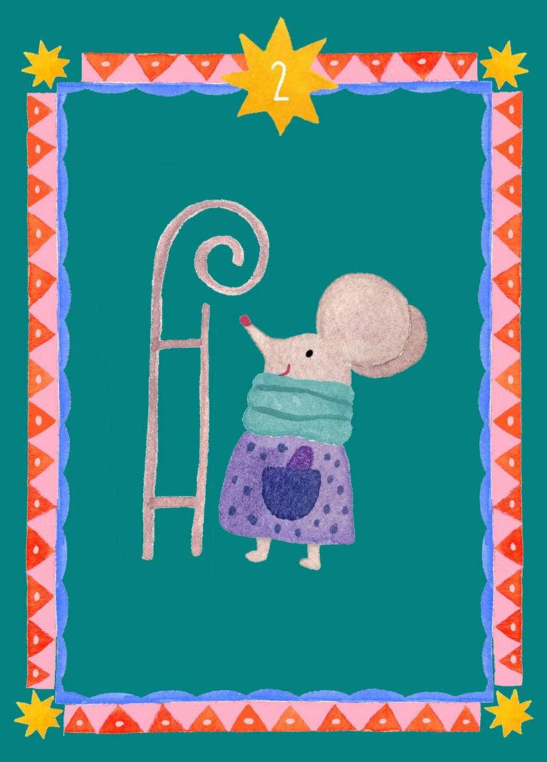 Adventskalender-Karte 2 von Frau Ottilie mit Maus an einer Leiter