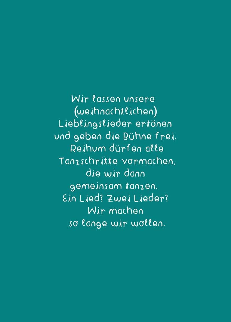 Adventskalender-Karte von Frau Ottilie, Rückseite mit der Idee, gemeinsam zu Weihnachtsliedern zu tanzen