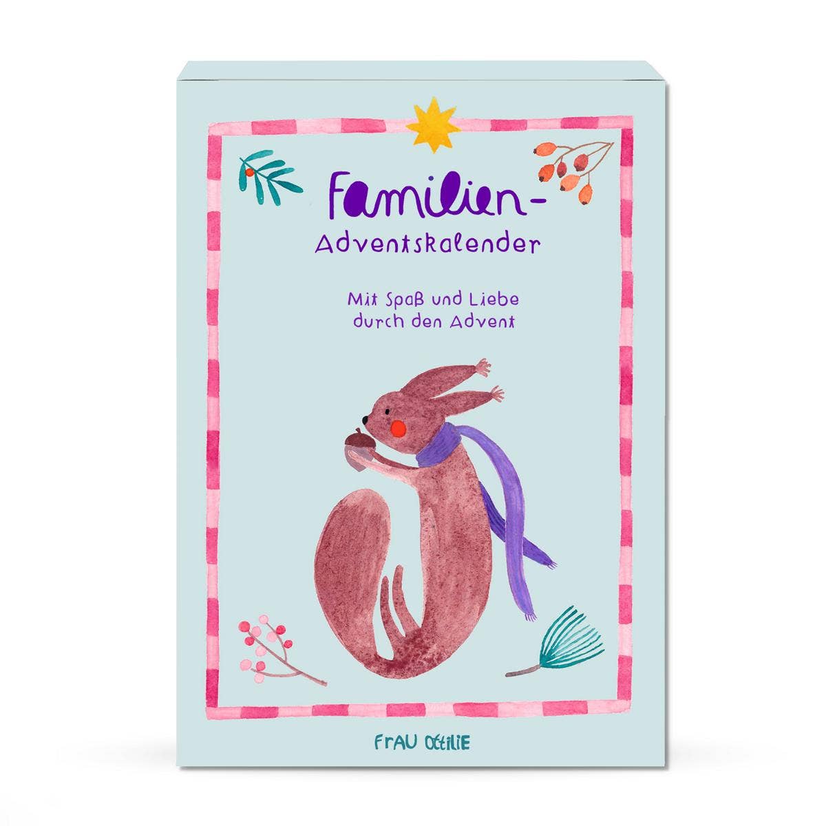 Familienadventskalender 2. Edition von Frau Ottilie, hellblaue Schachtel mit Eichhörnchen