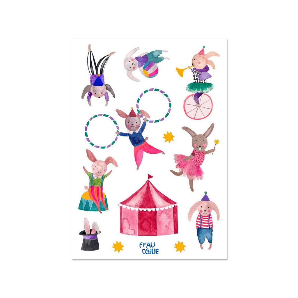 Spülmaschinenfeste Sticker Hasen im Zirkus von Frau Ottilie A5, Stickerbogen