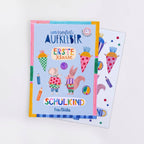 Spülmaschinenfeste Sticker Schulkind von Frau Ottilie A5, Verpackung und Stickerbogen mit Maus und Hase mit Schulranzen, Schrift Erste Klasse und Schulkind