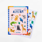 Spülmaschinenfeste Sticker Wilde Tiere von Frau Ottilie A5, Verpackung und Stickerbogen mit Löwe, Tiger, Giraffe, Koala und Elefant