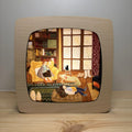 Motiv Im Winterhäuschen von Goose Grass Illustrations in der magischen Lampe, gemütliche Stube mit Bücherregal, Ofen und Sessel, ein Kind liest auf dem Teppich, schwarze Katze am Fenster