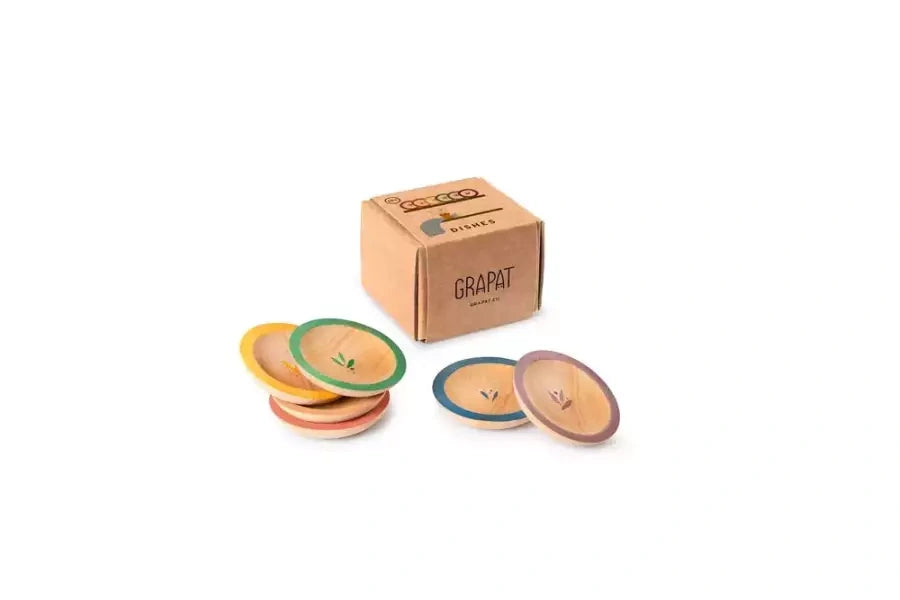 Grapat Dishes, sechs Holzschälchen vor der Schachtel