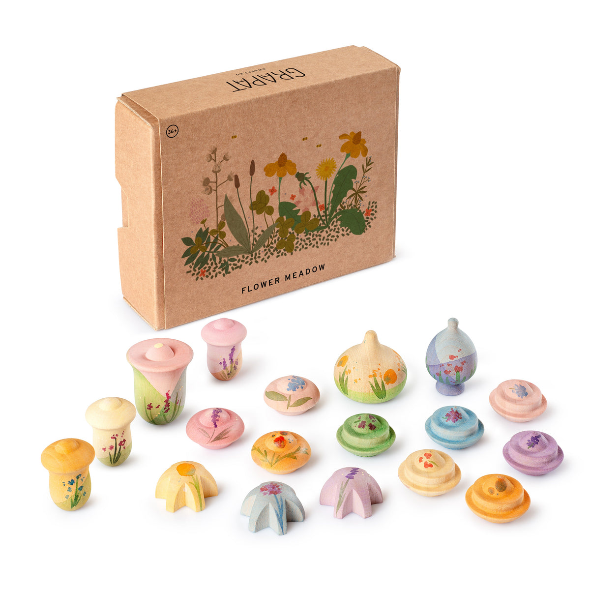 Grapat Flower Meadow Holzblumen, das Set vor der Schachtel