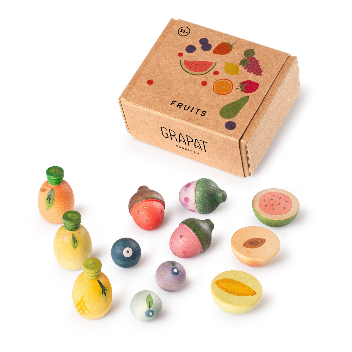 Grapat Fruits Obst aus Holz, das Set vor der Schachtel
