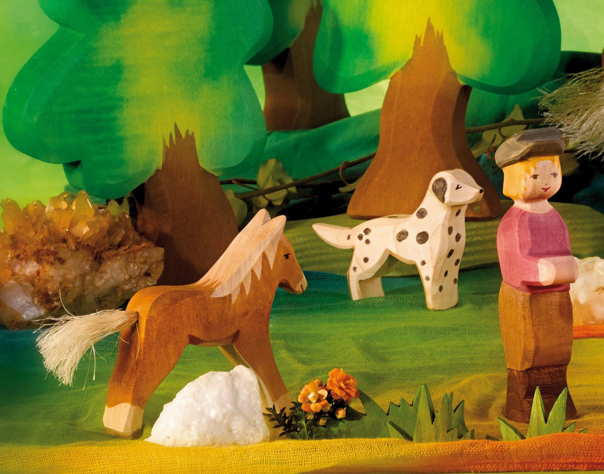 Ostheimer Haflinger Fohlen mit Hund und Bauer im Wald, Spielszene