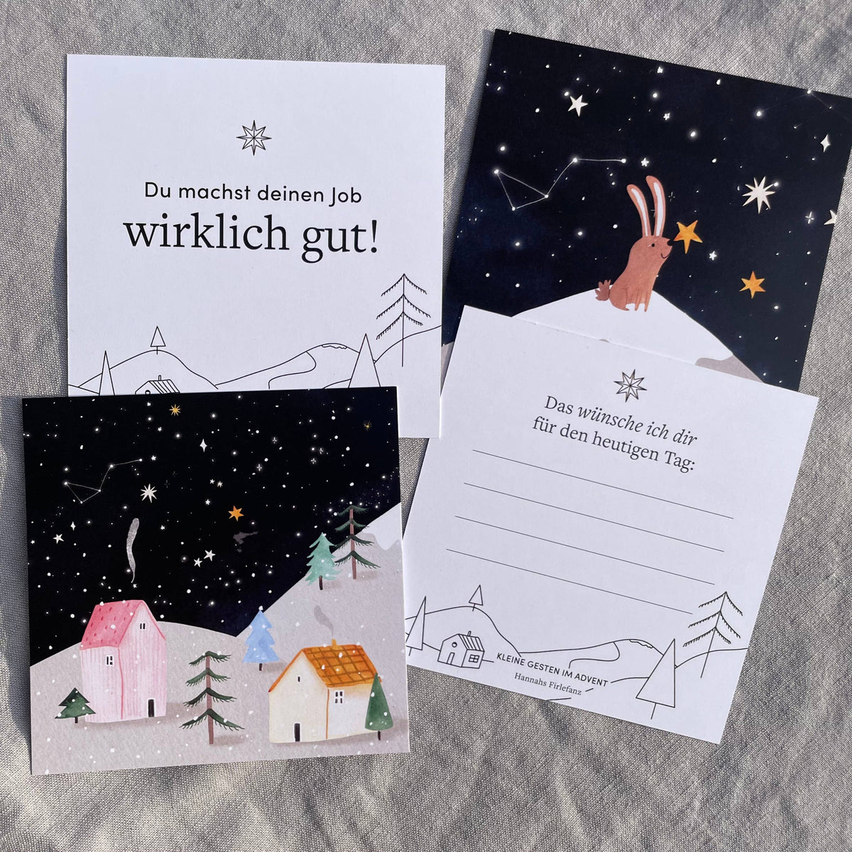 Adventskalender Kleine Gesten im Advent von Hannahs Firlefanz, Karten zum Ausfüllen wie „Du machst deinen Job wirklich gut!“