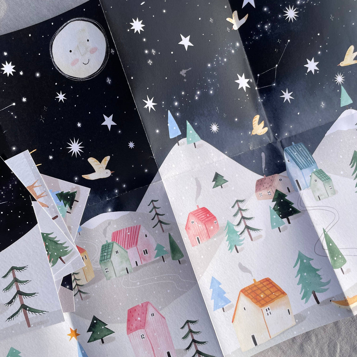 Adventskalender Kleine Gesten im Advent von Hannahs Firlefanz, Poster Sternenhimmel mit Mond und Häusern im Schnee