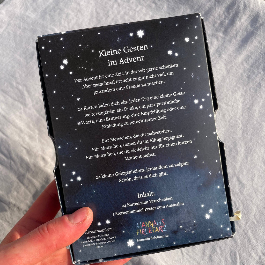 Adventskalender Kleine Gesten im Advent von Hannahs Firlefanz, Rückseite der Geschenkbox mit Inhaltsangabe