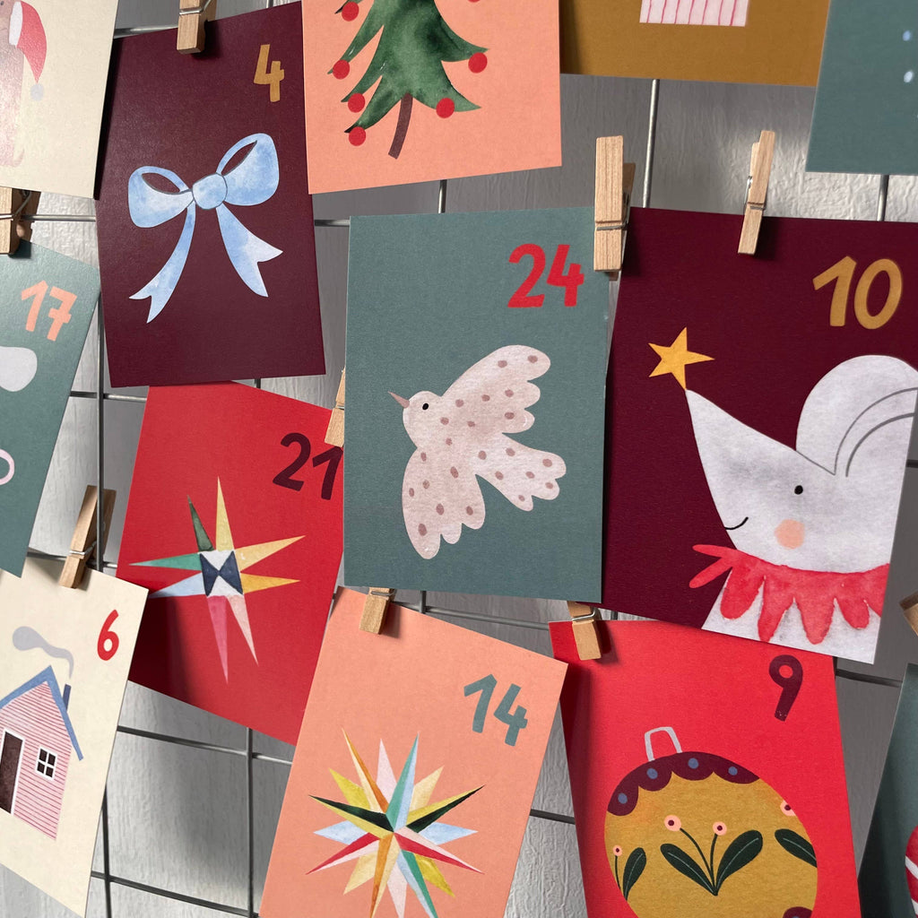 Adventskalender aus Postkarten von Hannahs Firlefanz A7, Karten mit Christbaumkugel, Maus und Stern