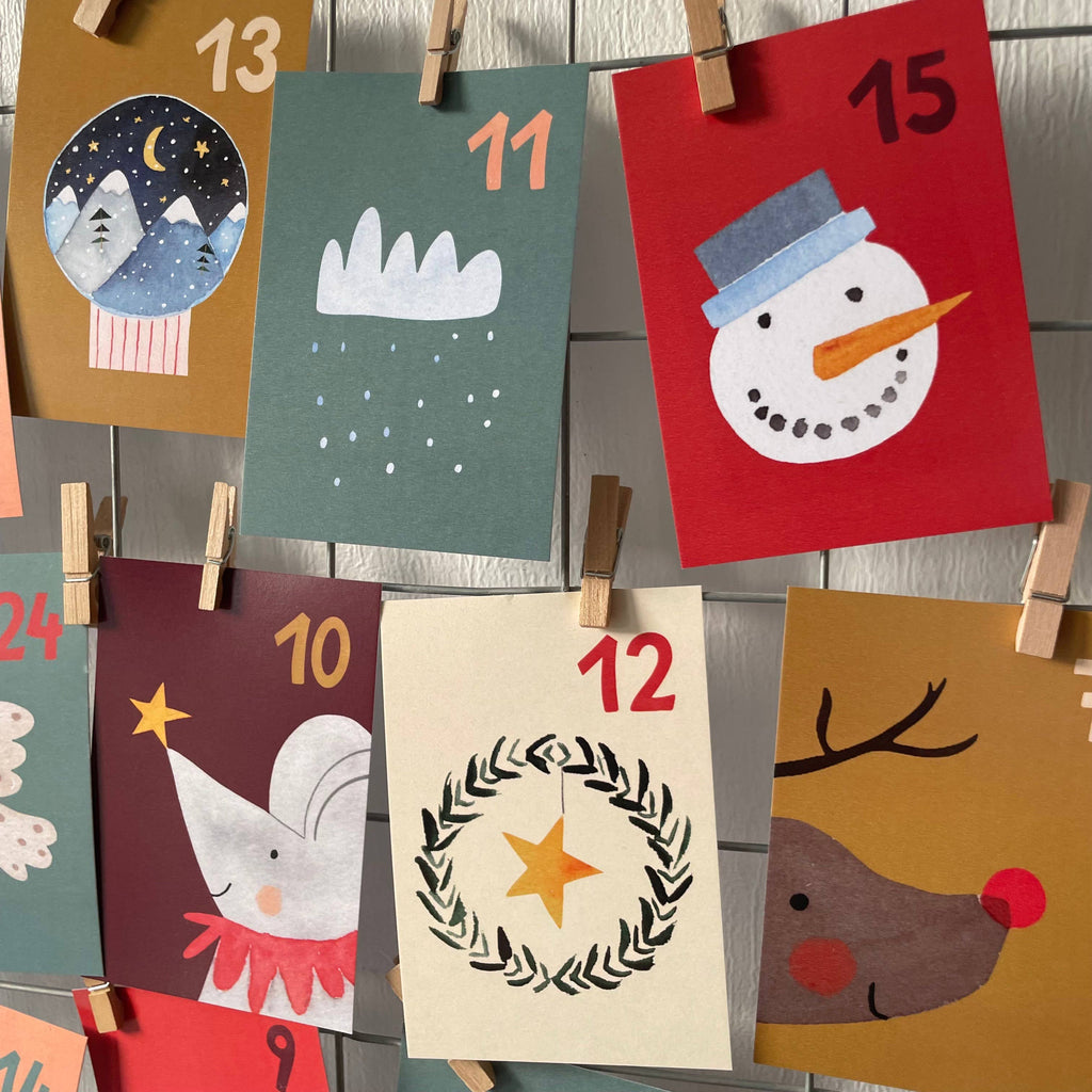 Adventskalender aus Postkarten von Hannahs Firlefanz A7, Karten mit Schneemann und Rentier