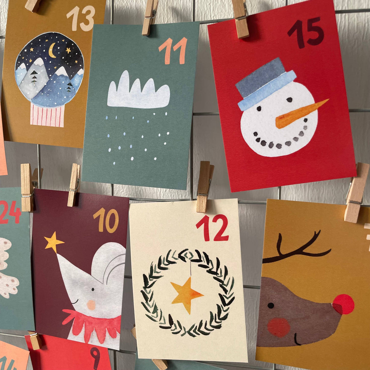 Adventskalender aus Postkarten von Hannahs Firlefanz A7, Karten mit Schneemann und Rentier