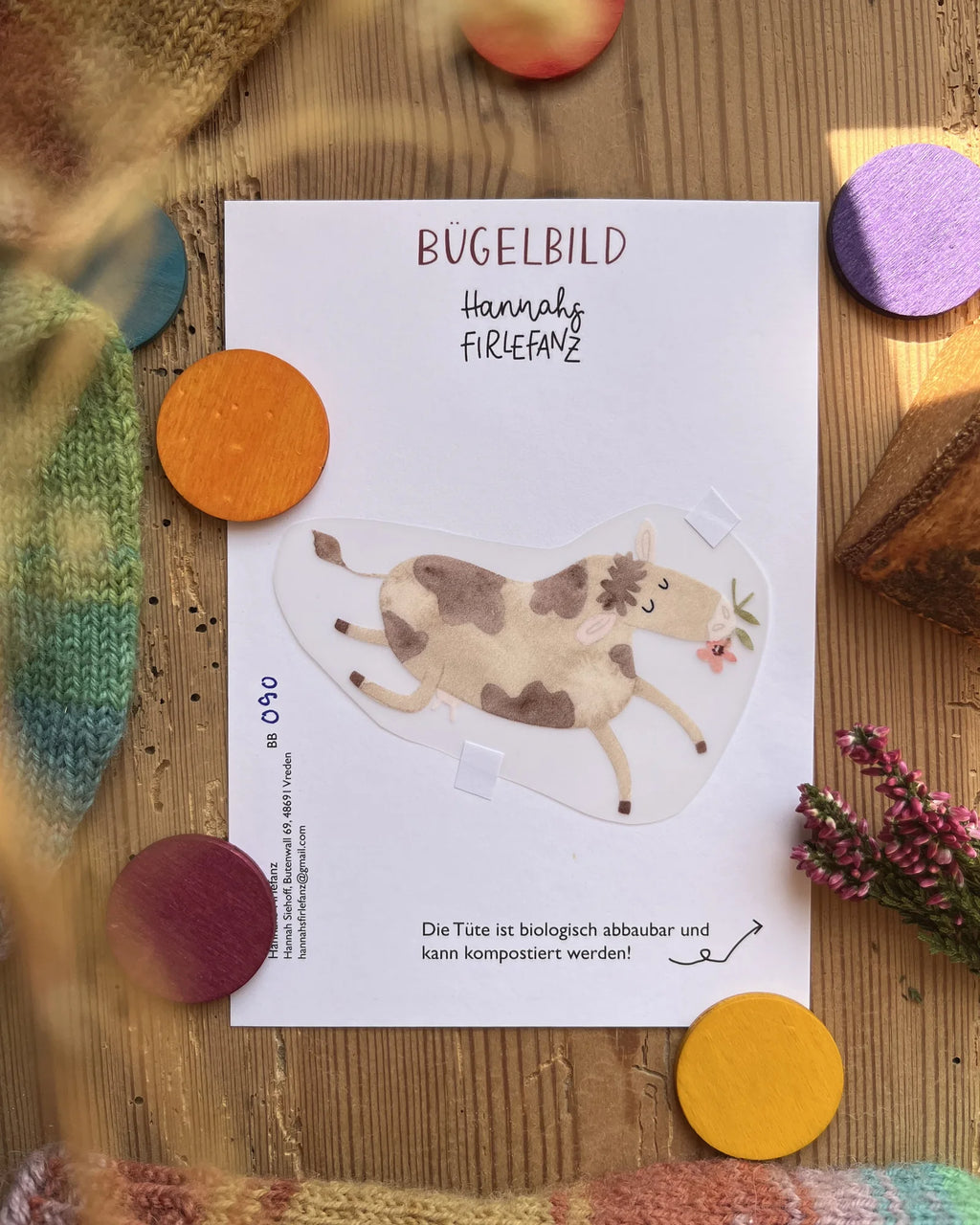 Bügelbild Kuh von Hannahs Firlefanz, auf der Verpackungskarte
