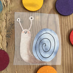 Hannahs Firlefanz Bügelbild Schnecke mit blauem Spiralhaus, auf Holz zwischen bunten Holzscheiben