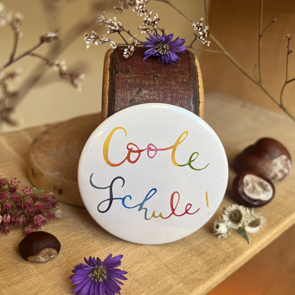 Hannahs Firlefanz Button Coole Schule in bunter Schrift auf Holz zwischen Kastanien und Astern