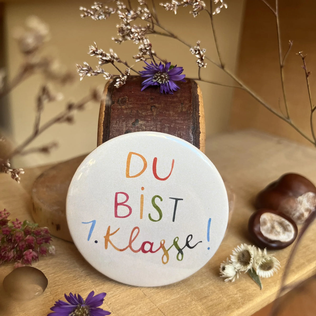 Hannahs Firlefanz Button Du bist 1. Klasse! in bunter Schrift auf Holz zwischen Kastanien und Astern