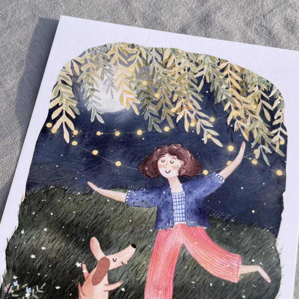 Postkarte Dancing in the Moonlight von Hannahs Firlefanz A6, Detail mit Dackel