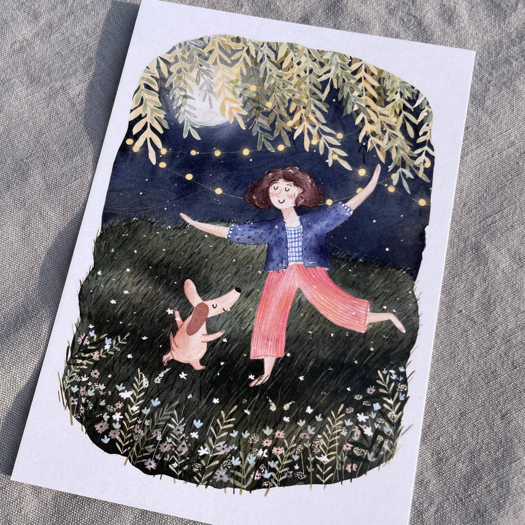 Postkarte Dancing in the Moonlight von Hannahs Firlefanz A6, schräge Ansicht
