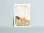 Postkarte Head in the Clouds von Hannahs Firlefanz A6, an eine helle Wand gelehnt
