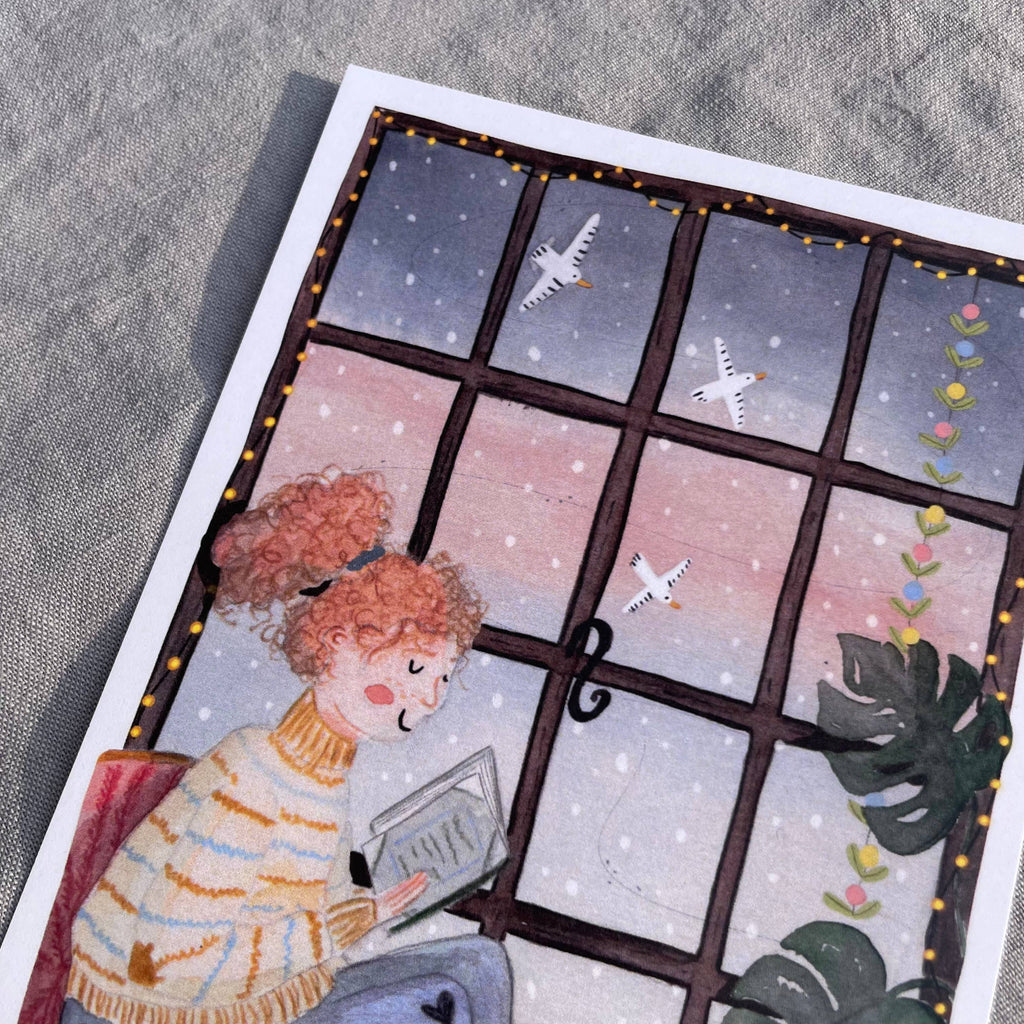 Postkarte Leseabend von Hannahs Firlefanz A6, Detail am Fenster