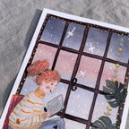 Postkarte Leseabend von Hannahs Firlefanz A6, Detail am Fenster