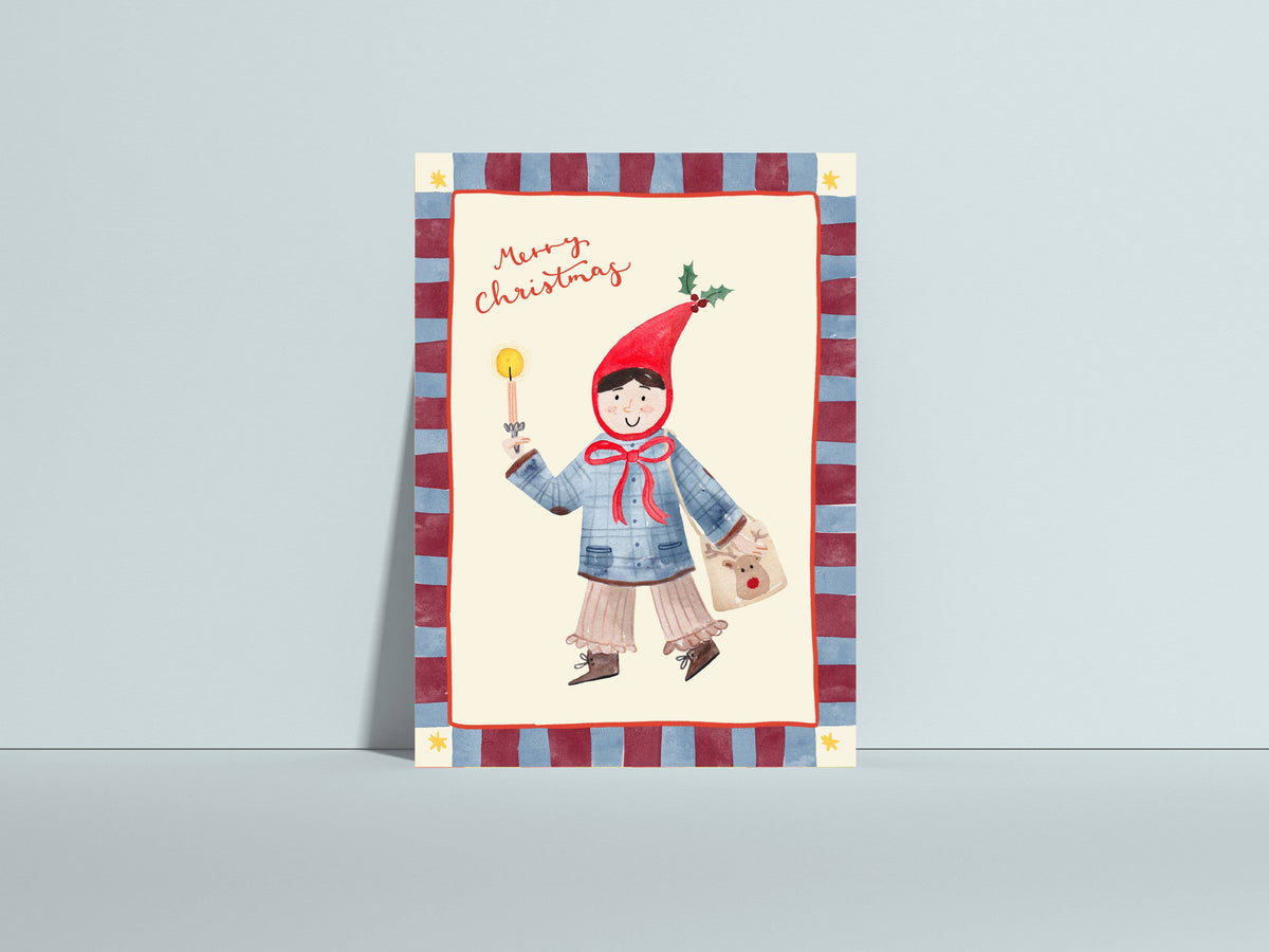 Postkarte Merry Christmas von Hannahs Firlefanz A6, an eine helle Wand gelehnt