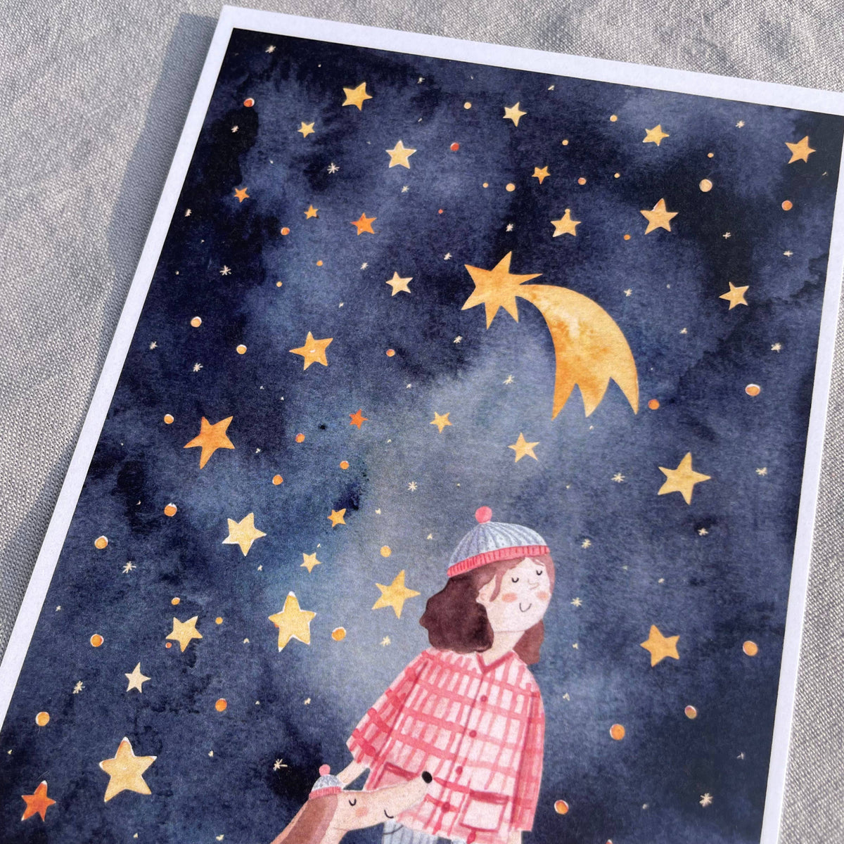 Postkarte Sternenhimmel von Hannahs Firlefanz A6, Detail mit Sternschnuppe